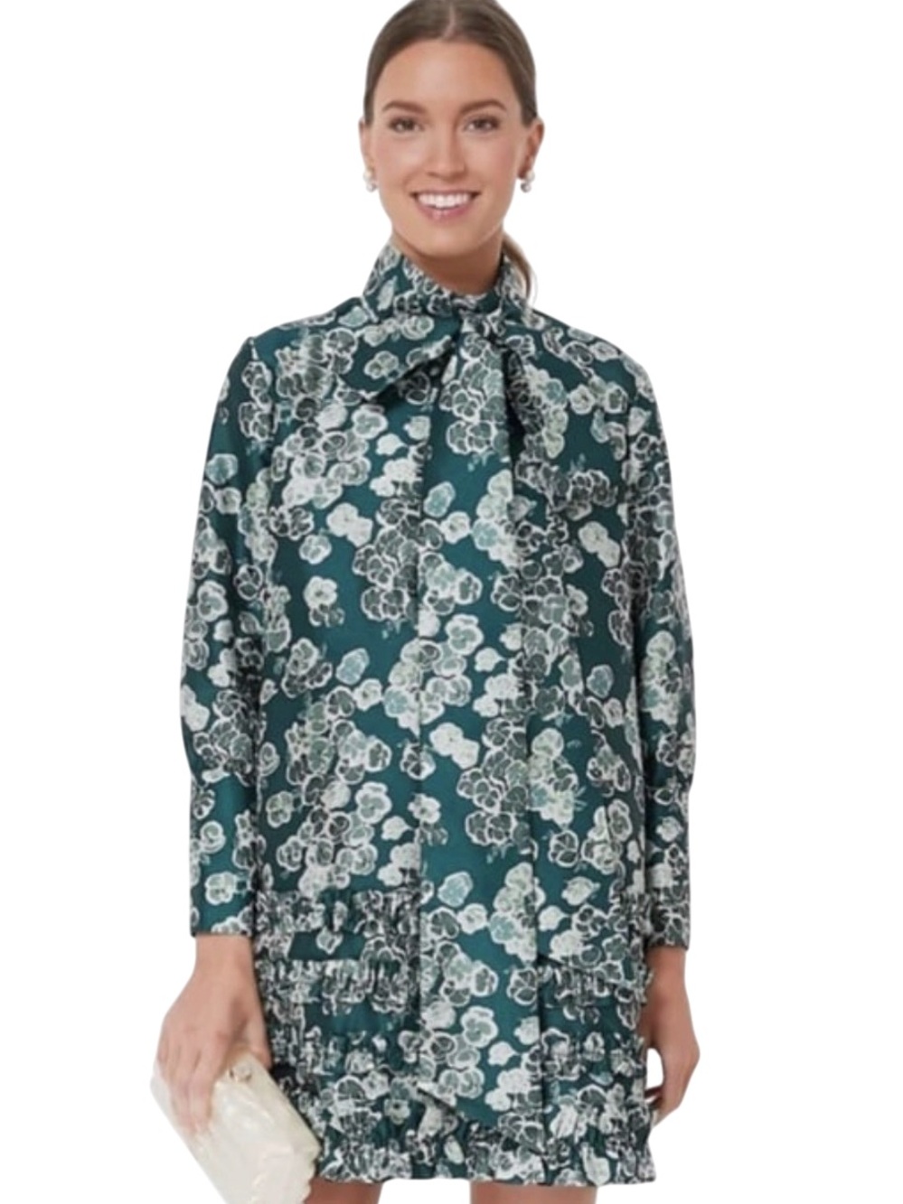 Tuckernuck Green Floral Tie Neck Mini Dress Ruffle Hem Long Sleeve Size M